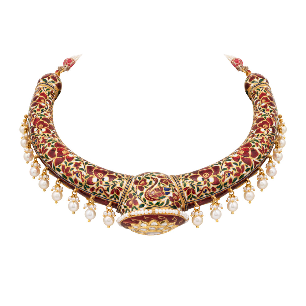 Floral Polki Hasli in Red Enamel with Pearl Drops